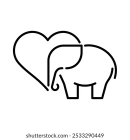 Elephant with heart icon. Outline style. Vector. Isolate on white background.