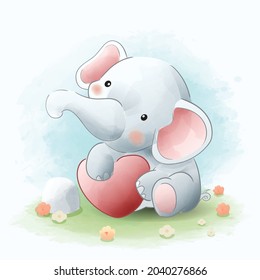 elephant and heart-shaped balloon cartoon illustration, watercolor animals Isolated on white background, for cover book, print, baby shower, nursery decorations, birthday invitations, poster, greeting