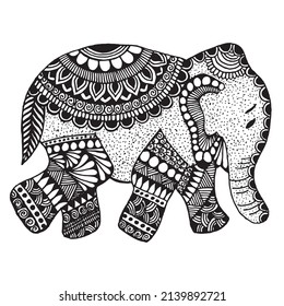 Elephant henna pattern, traditional doodle, ornate black and white mehndi vector done by Sri Lankan and Pakistani refugees. Outline hand-drawn vector illustration. Decoration in ethnic oriental.