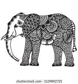 Patrón de henna elefante, doodle tradicional, vector mehndi ornamentado en blanco y negro hecho por refugiados ceilandeses y paquistaníes. Esbozar ilustración vectorial dibujada a mano. Decoración étnica oriental.