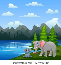 A elephant with her cub playing by the river