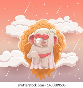 the elephant hero in the sky. vector hand drawn cartoon art style.