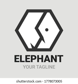 Logo de la forma del elefante hexágono, icono, símbolo o plantilla de emblema. Resumen vector de diseño de estilo lineal. Concepto de Logotipo Animal. Versión en blanco y negro aislada en fondo gris