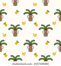 Elephant hide cartoon so cute. On pineapple banana background. Pattern seamless vector illustration. 