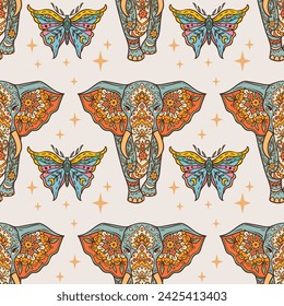 Elephant hippie retro with butterfly. Vector pattern. Flower Power drawing. Animal nature in Zen boho style. 70s 60s Summer Groovy