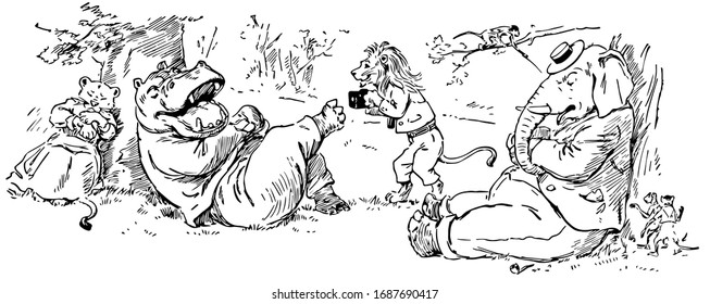 Un elefante, un hipopótamo y un leopardo con vestidos humanos durmiendo cerca de un árbol, y un león con vestidos humanos caminando y monos en un árbol, dibujo vintage o ilustración grabadora