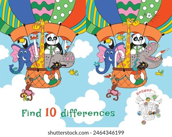 Elephant, hippopotamus, giraffe, panda, monkey, birds travel in a hot air balloon. Find 10 differences. Educational game for children. Cartoon vector illustration