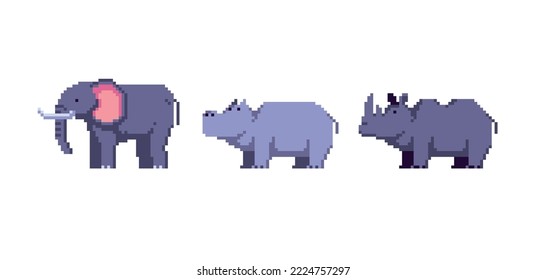 Elephant, hippopotamus and rhinoceros pixel art set. African fauna. Big species collection. 8 bit. Game development, mobile app.  Isolated vector illustration.