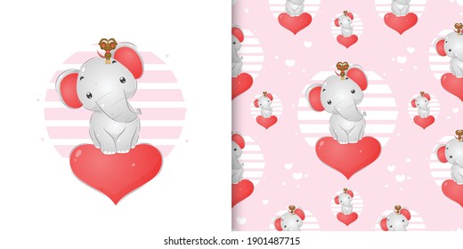 The elephant with his mouse is standing on the big heart of illustration