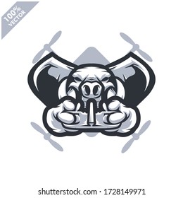 Elefante sujetando el controlador de drones. Logo de mascota para el equipo de carreras de drones, club de drones o tienda. Elemento de diseño para el logotipo de la empresa, ropa u otras mercancías. Ilustración vectorial escalable y editable.