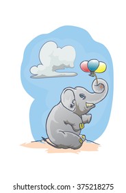 Elephant holding three balloons cartoon hand draw isolated on white