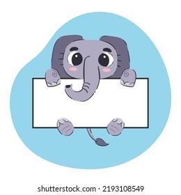 Elephant holding a white banner. Cute hand-drawn vector illustration with blue background. Editable card template.