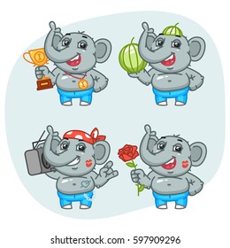 Elephant Holds Cup Recorder Watermelon Flower Character Set. Vector Illustration. Mascot Character.