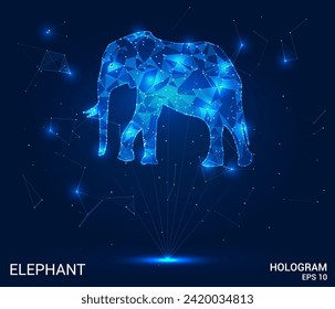 An elephant hologram. An elephant made of polygons, triangles of dots and lines. Elephant low-poly compound structure. Technology concept vector.