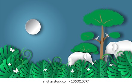 Elephant horde in nighttime forest of paper art style,vector or illustration with travel concept

