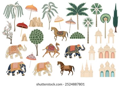 Elefante, cavalos, camelo, palmeira, guarda-chuva, arquitetura conjunto oriental. Coleção de vetores indianos.	