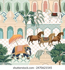 Elephant, horses, palm trees in the town oriental seamless pattern. Indian wallpaper.