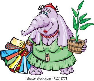 Elephant housewife. The happy housewife is elephant with their purchases. In one hand she has colored packages. In the other hand she has plant in the pot.