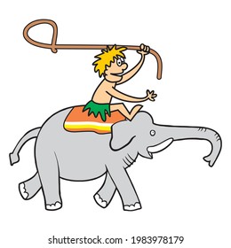 elephant and hunter with lasso, color vector illustration