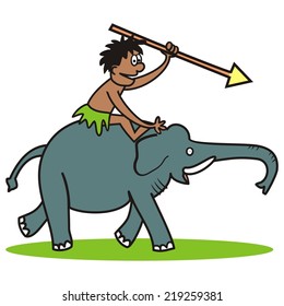 elephant and hunter, vector icon, funny illustration