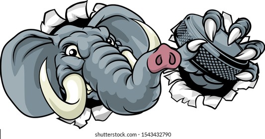 An elephant ice hockey player animal sports mascot holding a puck