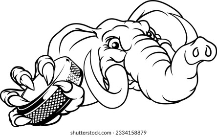 An elephant ice hockey player animal sports mascot holding a puck