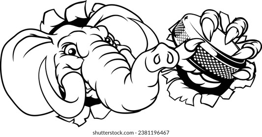 An elephant ice hockey player animal sports mascot holding a puck