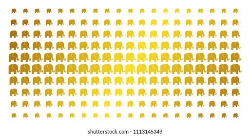 Elephant icon gold colored halftone pattern. Vector elephant pictograms are arranged into halftone grid with inclined gold gradient. Designed for backgrounds, covers,