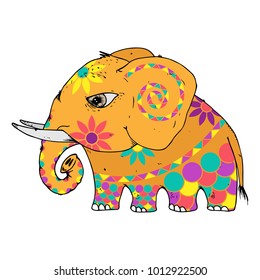 Elephant icon. Vector illustration of a bright Indian elephant in colors for the celebration of Holi. Hand drawn colored elephant. Festival of colors Holi. Indian festival Holi with cute elephant.