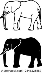 Ícones Elefantes. Ilustrações de vetor em preto e branco. Mamífero. Elefante Com Orelhas Grandes, Tronco E Bolsas. Para colorir o design do livro. Conceito de animal