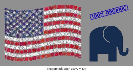 Elephant icons are organized into United States flag collage with blue rectangle grunge stamp seal of 100% Organic caption.