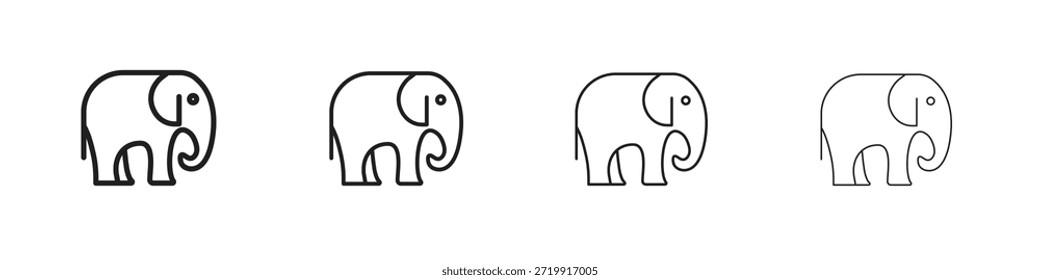 Elefantensymbole, Reihe von linearen Symbolen. Schwarze lineare Palmensymbole