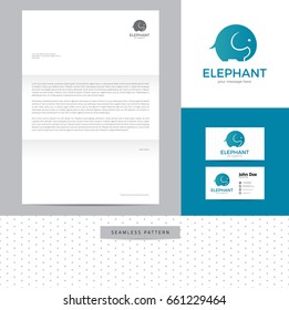 Elephant identity design consisting of logo, business card, letterhead and seamless pattern.