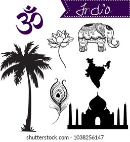 Elephant with Indian patterns, yoga, palm, map of India,lotus, Taj Mahal, pen on white background