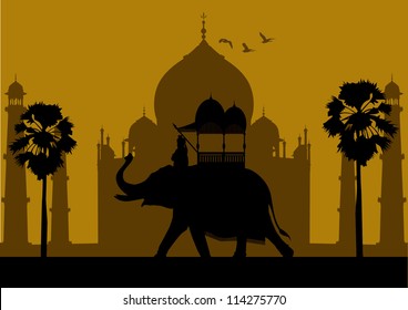 Elephant and Indian silhouette at Taj Mahal