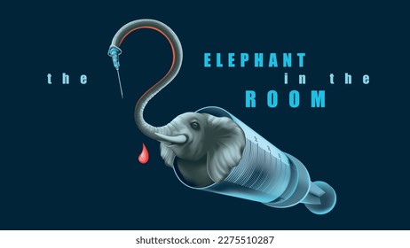 The Elephant inside Syringe - Question Mark Symbol - Elephant in the Room - Idiom, Metaphor for Tackling Challenging Topics - Isolated Realistic Illustration. The trunk morphs into a question mark.