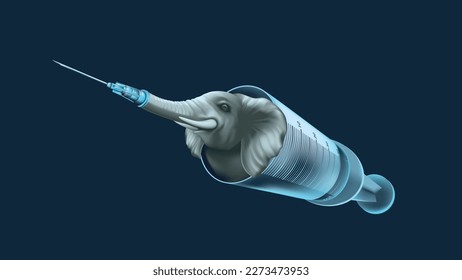 The elephant inside Syringe - Elephant in the Room - Idiom - Metaphor for Tackling Challenging Topics - Isolated Realistic Illustration 