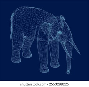 Elefante aislado de polietileno bajo sobre fondo azul. Animal africano e indio. Línea de puré de Imagen poligonal abstracta de Vector. Gráficos digitales. 3D