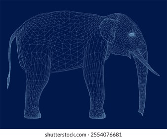 Elephant isolated from low poly wireframe on blue background. African and indian animal. Vector abstract polygonal image mash line. Digital graphics. 3D. Side view