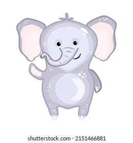 Elephant isolated on white background. Cute elephant waving hand. Friendly cub mammoth standing and smiling. Cartoon elephant mascot. Africa and southern Asia animal symbol. Stock vector illustration