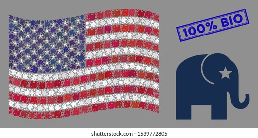 Elephant items are arranged into USA flag mosaic with blue rectangle distressed stamp watermark of 100% Bio text. Vector concept of USA waving state flag is done of elephant icons.