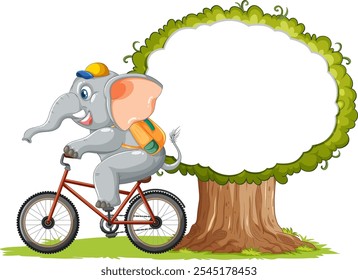 Elefante alegremente pedalando ao lado de uma grande árvore