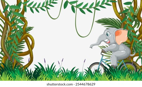 Elephant joyfully cycling through lush jungle scenery
