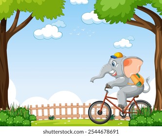 Elephant joyfully cycling through a scenic park