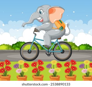 Elefante monta alegremente una bicicleta a través de las flores