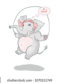 Elephant jumping rope - postcard sports mood, gym coach and motivator, lose weight nutrition, diet healthy lifestyle. Vector cartoon print picture or sticker.