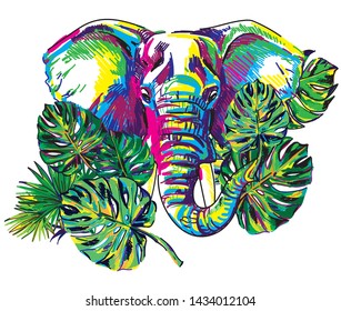 
Elephant in the jungle. Head with bosom with leaves of tropical plants, colorful drawing.