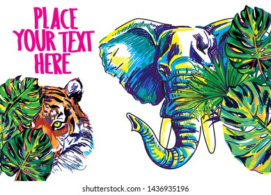 
Elephant in the jungle. Elephant head and tiger head with leaves of tropical plants, colorful drawing.