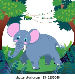 elephant in the jungle, vines, cartoon style vector illustration
