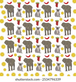 elephant, koala with fruit as a pattern background